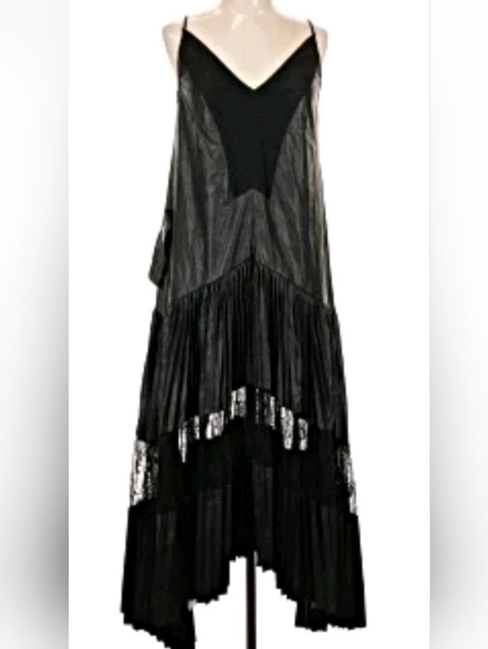 New With Tag BCBGMAXAZRIA FAUX LEATHER LACE INSET PLEATED ASYMMETRIC I DRESS - Picture 3 of 7